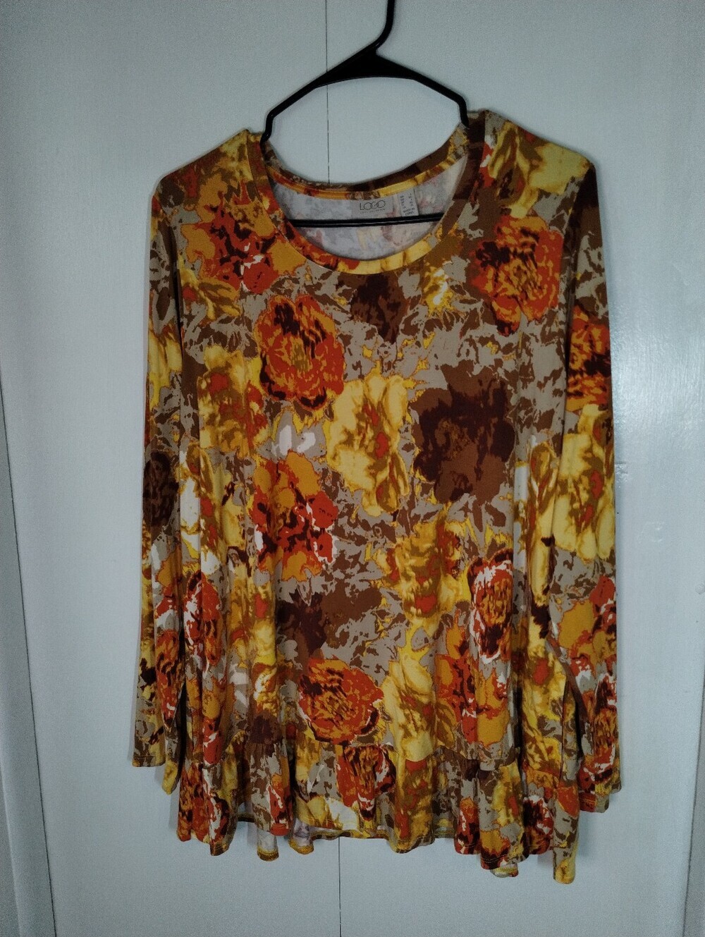 LOGO by Lori Goldstein Yellow Brown Orange Floral Ruffle-Hem Long Sleeve Top